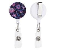 Dark Purple Flower Retractable Badge Reel - Personalized ID Name Badge Holder with Lanyard Cute Badges Reel Holder Round Nurse Doctor Name Tag Badges Clip for Work