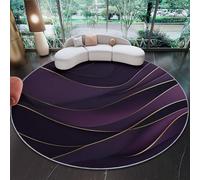 Dark Purple Soft Print Round Rug 180 cm - Minimalist Gold Lines Waves Pattern Washable Non Slip Circle Area Rugs for Bedroom, Non Shedding Low Pile Pet Friendly Carpet for Kids Room Bedside Office