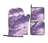 Dark Purple Texture Marble Oven Mitts And Pot Holders 4 Pcs Set - Anti-Skid Oven Gloves, Insulated Microwave Oven Mitts And Cooking Mitts For Kitchen Baking Bbq Grilling