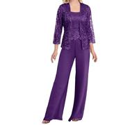 Dark-Purple Trouser Suits for Women UK Plus Size Chiffon Mother of The Groom Dresses for Wedding 3 Pieces Lace Womens Suit 28