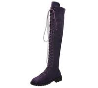 Dark Purple Women's Over The Knee Low Heel Lace up Tall Boots Side Zipper Round Toe Combat Casual Faux Suede Thigh High Riding Boots Footwear Trendy UK 7 Clearance
