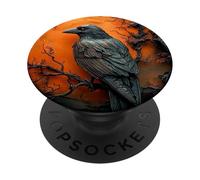 Dark Raven Crow Orange Moon Spooky Tree Halloween Gothic PopSockets Adhesive PopGrip