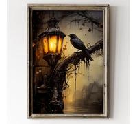 Dark Raven Print Wall Art Gothic Crow Aesthetic Paintings Vintage Lighted Raven Pictures Spooky Halloween Prints Black Crow Wall Art Dark Academia Crow Posters Vintage Animal Prints 16x24inch No Frame