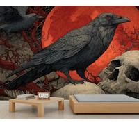 Dark Raven Skull Wallpaper, Raven Halloween Gothic Wallpaper Bedroom, Moon Crow Branch Wall Murals for Living Room Decorative Room Decor TV Background Large Mural Poster 300 X 210 cm