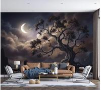 Dark Realistic Landscape Wall Murals, 250x175cm Ancient Trees Under The Moon Photo Wallpaper Silk Wall Covering 3D Effect Poster Picture for Living Room Bedroom Office Wall Decoration, Dark Brown
