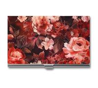 Dark Red and Light Roses Peony Flowers Business Card Wallet Credit Card Holder Metal Square Small Pocket Purse