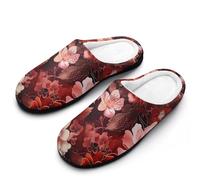Dark Red And Light Roses Peony Flowers Slippers Women Winter Warm Cotton Hotel Slippers Anti-Slip Indoor Slip-Ons House Shoes 11-12(42-43)