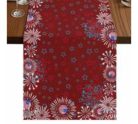 Dark Red Blue Stars Table Runner, Independence Day Sparklers Us Flag Modern Cotton and Table Linen Runner for Kitchen Dining Home Decor for Party Festival Holiday Decoration Gift 18x72in
