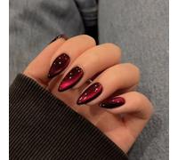 Dark Red Glitter False Nails Almond, SXVME Cat Eye Press on Nails Medium Stiletto, Sparkly Shiny Fake Nails Press ons Burgundy, Goth Bling Stick on Nails for Women Fall Winter, 30 Pcs
