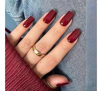 Dark Red Press On Nails in Medium Coffin Shape with Glossy Finish - 24 Pcs Multi Size Reusable Stick On Artificial Nails for Women, Spring Valentine Date Night, Long Square Tip Design, Burgundy Red
