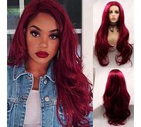 Dark Red Synthetic Lace Front Wigs for Women Cosplay Party Replacement Drag Queen Mermaid Red Real Natural Color Long Wavy Synthetic Hair (24 Inch, DarkRed/lace front wig)