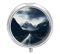 Dark Road to Mountains Pill Box Round Pill Case for Purse & Pocket 3 Compartment Medicine Pill Organizer Portable Travel Pillbox Medicine Vitamin Cod Liver Oil Storage Box