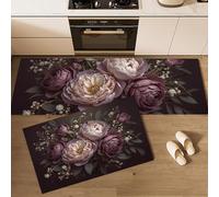 Dark Romance Kitchen Rug Set 43x75cm+43x120cm 2 Piece Non Slip Washable Mysterious Peony Rose Kitchen Runner Mats Thin Kitchen Floor Mat Carpet Runner Rugs for Hallway Laundry Dinning Room, Purple