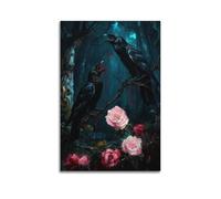 Dark Romantic Raven Wall Art - Gothic Canvas Poster of Bloody Crows with Roses And Branches, Expressionist Horror Art for Alternative Or Macabre Decor12x18inch(30x45cm)