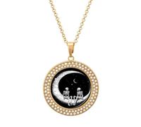Dark Romantic Skeletons Sitting on The Moon Necklace For Women Charm Circle Pendant with Crystals Dainty Jewelry