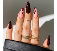 Dark Ruby Press-On Nails with Blood Drip & Gothic Sparkle - Almond Shape Long Vampy False Nails for Women, Nude Pink Base Burgundy Glitter Tips for Festive Occasions, Gothic Halloween Art