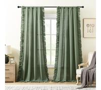 Dark Sage Green Linen Curtains for Bedroom,2 Panels W47 x L72 Inch Light Filtering Semi-Sheer Ruffled Curtains Rod Pocket Vintage Shabby Chic French Country Rustic Boho Farmhouse Privacy Window Drapes