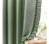 Dark Sage Green Ruffled Curtains 84 Inches Long, 2 Panels, W47 x L84 Inch, Linen Textured Scalloped Ruffle Curtains for Living Room, Rod Pocket Privacy Light Filtering Semi-Sheer Flowy Window Curtain
