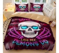 Dark Skull Duvet Cover Evil Love Neon Graffiti Skull Bedding Set - Soft Microfiber Alternative Comforter Punk Rock Bedroom Decor (style1,King240x220cm+50x75cm*2)