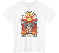 Dark Souls Inspired T-Shirt with Praise The Sun Stained Glass Style Design Featuring Knight in Armor and Sunburst Art - Perfect for Fans of Classic Fantasy Gaming and Iconic Praise Pose White
