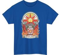 Dark Souls Inspired T-Shirt with Praise The Sun Stained Glass Style Design Featuring Knight in Armor and Sunburst Art - Perfect for Fans of Classic Fantasy Gaming and Iconic Praise Pose Royal