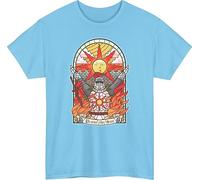 Dark Souls Inspired T-Shirt with Praise The Sun Stained Glass Style Design Featuring Knight in Armor and Sunburst Art - Perfect for Fans of Classic Fantasy Gaming and Iconic Praise Pose Sky Blue