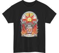 Dark Souls Inspired T-Shirt with Praise The Sun Stained Glass Style Design Featuring Knight in Armor and Sunburst Art - Perfect for Fans of Classic Fantasy Gaming and Iconic Praise Pose Black