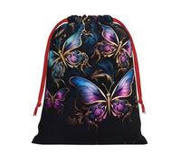 Dark Three Butterflies Printed Drawstring Flannel Bag, Holiday Wrapping Bag Birthday Bag