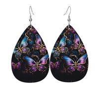 Dark Three Butterflies Printed leather earrings with teardrop-shaped dangling design, light and soft.