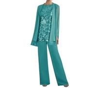 Dark-Turquoise Mother of The Bride Trouser Suits Petite 3 Pieces Chiffon Ladies Wedding Guest Outfits Plus Size Trouser Suits Size 12