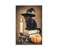 Dark Vintage Wall Art, Halloween Witchy Black Cat And Spell Book, Timeless Kitten Art Print, Cozy Retro Vibe, Hanging Paintings Poster for Themed Library And Reading Room Decor 20x30inch(50x75cm)