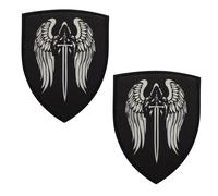 Dark Wings Holy Sword Embroidered Tactical Morale Patch with Hook Backing, Angel Wings and Sword Design, Black Shield Shape, Polyester Military Badge for Clothing and Backpacks, 9 x7 cm, 2 Pack