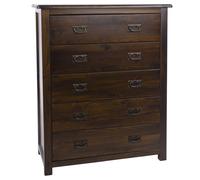 Dark Wood Chest of 5 Drawers Solid Pine Dresser Metal Handles Lacquered Finish