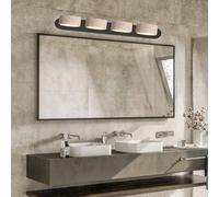 Dark Wood Farmhouse Bathroom Vanity Light with Natural Stone Wall Sconce, Travertine Wall Lamp, Linear Wooden Vanity Light Fixture, Rustic 4 Lights Rotatable LED Wall Light Over Mirror