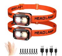 DARKBEAM LED Head Torch High Lumens USB Rechargeable Dual Lights Headlamp for Hardhat with Motion Sensor, Red Warning Light Up/Down Adjustable Waterproof Headlamps for Cycling, Car Maintenance, 2 Pcs