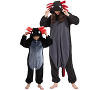 DarkCom Animal Onesie for Kids,Flannel Cosplay Black Axolotl Halloween Costume Parent-Child Sleepwear for Girls Boys 6-7 Years