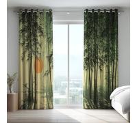 Darkening Curtains Microfiber,Green Yellow Chinese Style Sunset Bamboo Forest Contemporary Eyelet Drapes Full Blackout Thermal Insulated Curtains For Living Room,52 x 63 Inch Drop 2 Panels