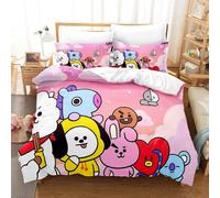 (DarkPink, 3pcs200x200cm) Bangtan Name BT21 BTS Design Comfortable Duvet Quilt Cover Pillowcase Bedding