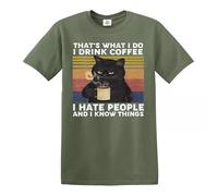 Darkwear That's What I Do I Drink Coffee I Hate People Vintage T-Shirt Cat Kitten Retro(Military Green,M)