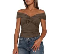 Darong Women Summer Twist Knot Front Off The Shoulder Tank Tops Cap Sleeve Going Out Shirts Slim Fitted Y2K Outfits, Khaki, S