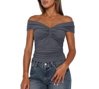 Darong Women Summer Twist Knot Front Off The Shoulder Tank Tops Cap Sleeve Going Out Shirts Slim Fitted Y2K Outfits, Grey, XL