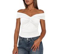 Darong Women Summer Twist Knot Front Off The Shoulder Tank Tops Cap Sleeve Going Out Shirts Slim Fitted Y2K Outfits, White, S