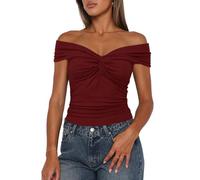 Darong Women Summer Twist Knot Front Off The Shoulder Tank Tops Cap Sleeve Going Out Shirts Slim Fitted Y2K Outfits, Wine Red, S