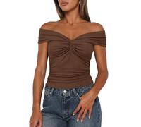 Darong Women Summer Twist Knot Front Off The Shoulder Tank Tops Cap Sleeve Going Out Shirts Slim Fitted Y2K Outfits, Coffee, M