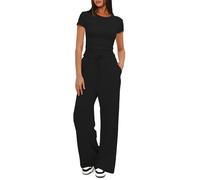 Darong Women's 2 Piece Set Summer Outfits Lounge Sets Ruched Short Sleeve Tops High Waisted Wide Leg Pants Tracksuit Sets, Black（long）, S