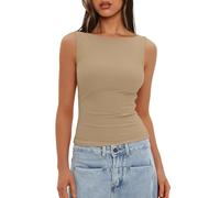 Darong Women's Double Lined Fitted Basic Tank Top Boat Neck Sleeveless Going Out Casual Tank Shirts, Beige, XS