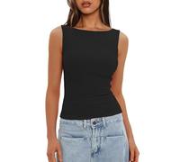Darong Women's Double Lined Fitted Basic Tank Top Boat Neck Sleeveless Going Out Casual Tank Shirts, Black, L