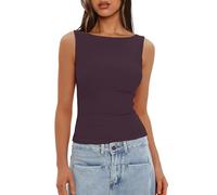 Darong Women's Double Lined Fitted Basic Tank Top Boat Neck Sleeveless Going Out Casual Tank Shirts, Deep Purple, M