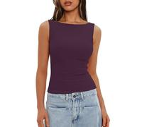 Darong Women's Double Lined Fitted Basic Tank Top Boat Neck Sleeveless Going Out Casual Tank Shirts, Deep Purple, M