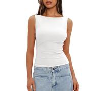 Darong Women's Double Lined Fitted Basic Tank Top Boat Neck Sleeveless Going Out Casual Tank Shirts, White, M